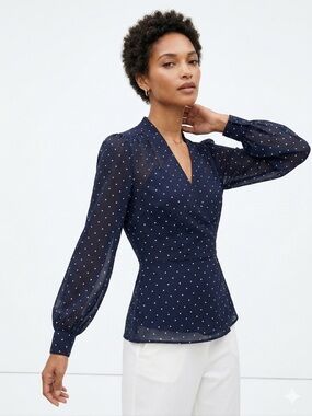L’AGENCE Cara Navy Polka Dot 100% Silk Wrap Blouse Size S